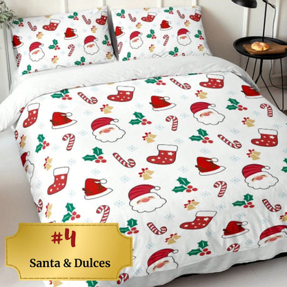 🎅🏻🎄 Juego de Cama Navideño Premium de 4 Piezas 🛏️– Edición Santa Festiva 🎄🎅🏻