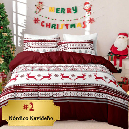 🎅🏻🎄 Juego de Cama Navideño Premium de 4 Piezas 🛏️– Edición Santa Festiva 🎄🎅🏻