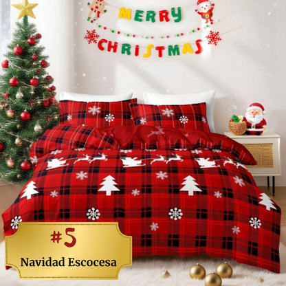 🎅🏻🎄 Juego de Cama Navideño Premium de 4 Piezas 🛏️– Edición Santa Festiva 🎄🎅🏻