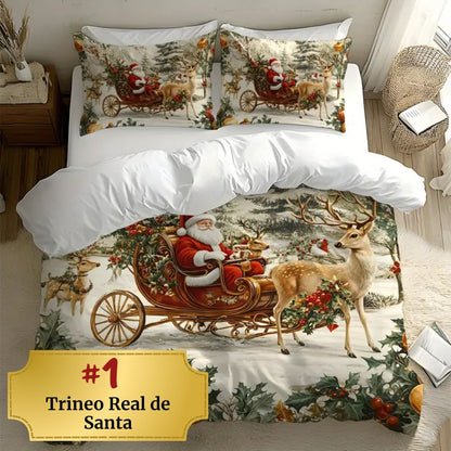🎅🏻🎄 Juego de Cama Navideño Premium de 4 Piezas 🛏️– Edición Santa Festiva 🎄🎅🏻