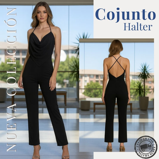 🌸 Set Elegante 2 Piezas – Top Halter Deluxe + Pantalón Largo 🤍