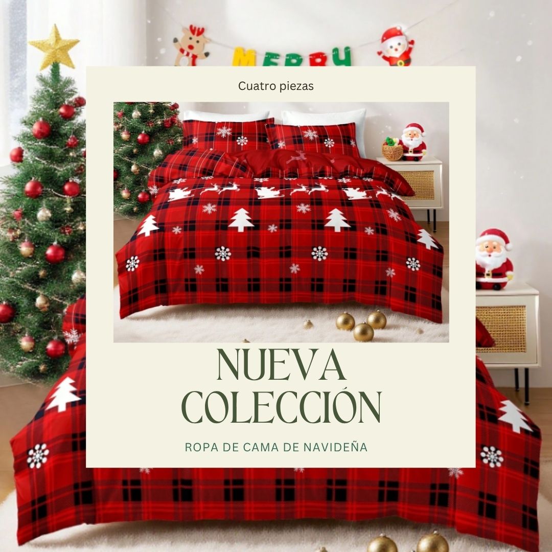 🎅🏻🎄 Juego de Cama Navideño Premium de 4 Piezas 🛏️– Edición Santa Festiva 🎄🎅🏻