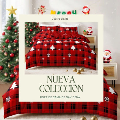 🎅🏻🎄 Juego de Cama Navideño Premium de 4 Piezas 🛏️– Edición Santa Festiva 🎄🎅🏻