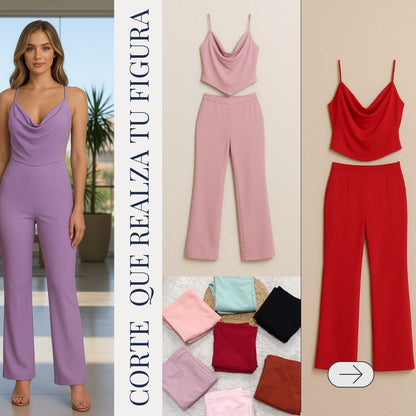 🌸 Set Elegante 2 Piezas – Top Halter Deluxe + Pantalón Largo 🤍