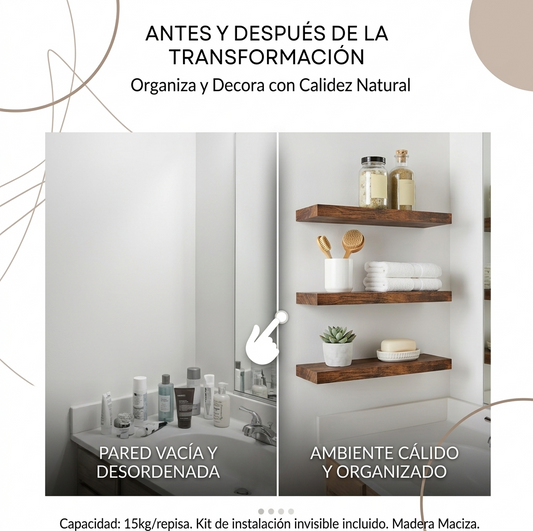 Estantería Flotante Rústica de Madera Maciza (3 Pzs) 🪵🌿✨