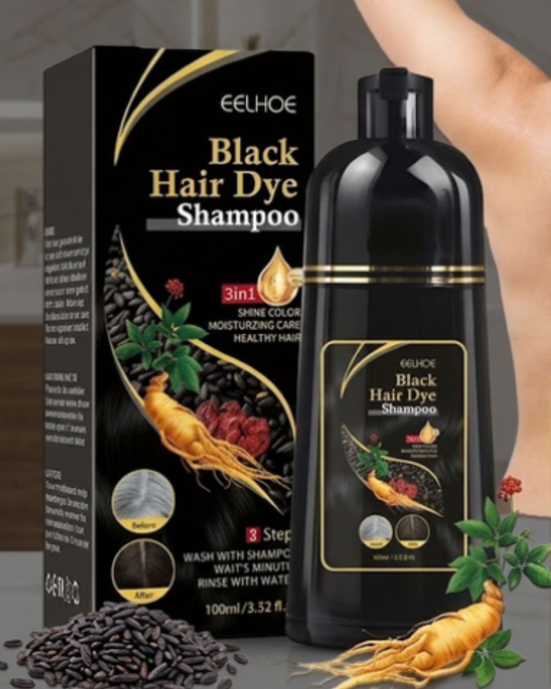 Botella de Shampoo Tinte Negro 🖤🤎✨ Cubre canas al instante 👩🏻‍🦳➡️👩🏻‍🦱 | Color uniforme y natural 💁🏻‍♀️